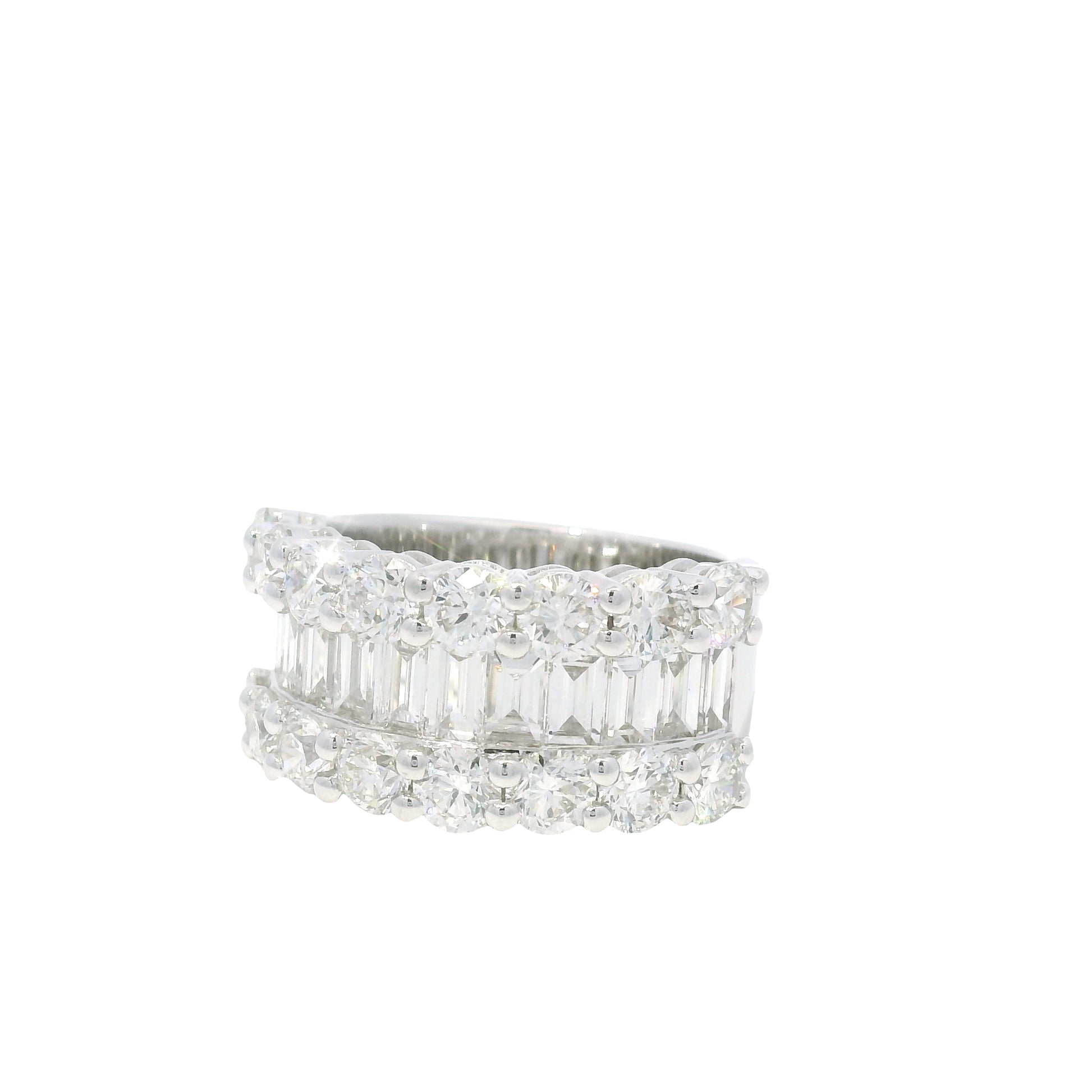 18K White Gold Natural Round Brilliant & Baguette Cut Diamonds 3 Row Half-Way Ring