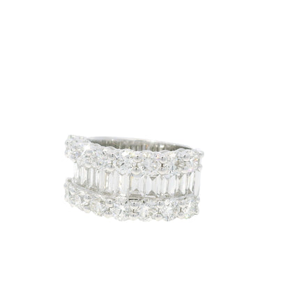 18K White Gold Natural Round Brilliant & Baguette Cut Diamonds 3 Row Half-Way Ring