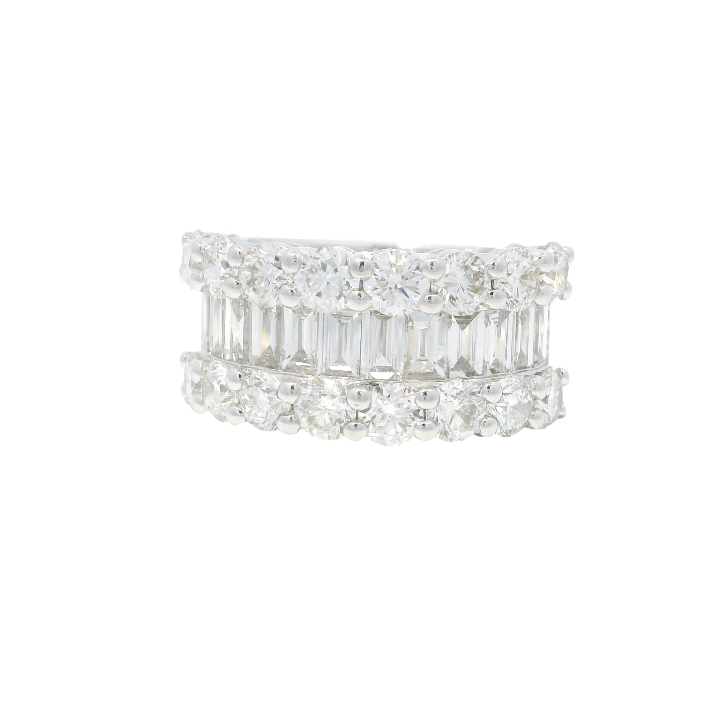 18K White Gold Natural Round Brilliant & Baguette Cut Diamonds 3 Row Half-Way Ring