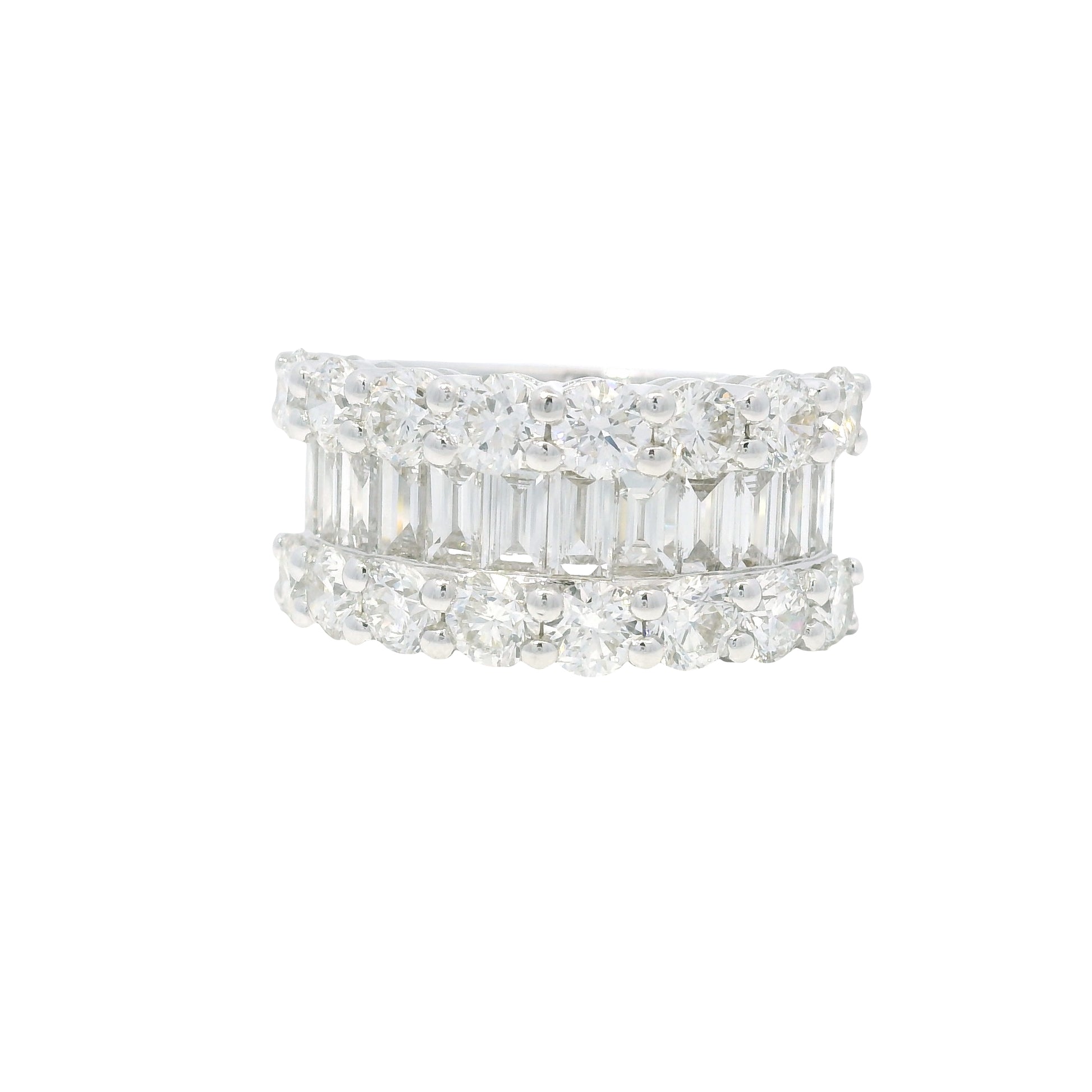 18K White Gold Natural Round Brilliant & Baguette Cut Diamonds 3 Row Half-Way Ring