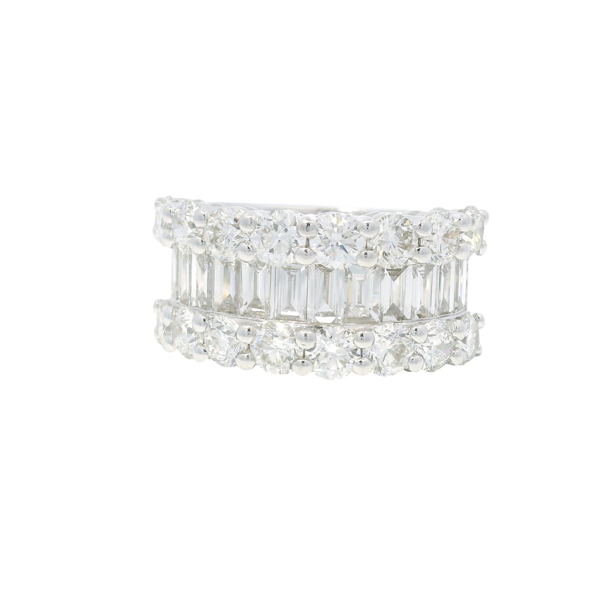 18K White Gold Natural Round Brilliant & Baguette Cut Diamonds 3 Row Half-Way Ring