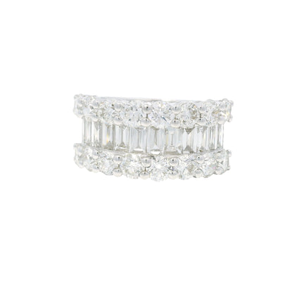 18K White Gold Natural Round Brilliant & Baguette Cut Diamonds 3 Row Half-Way Ring