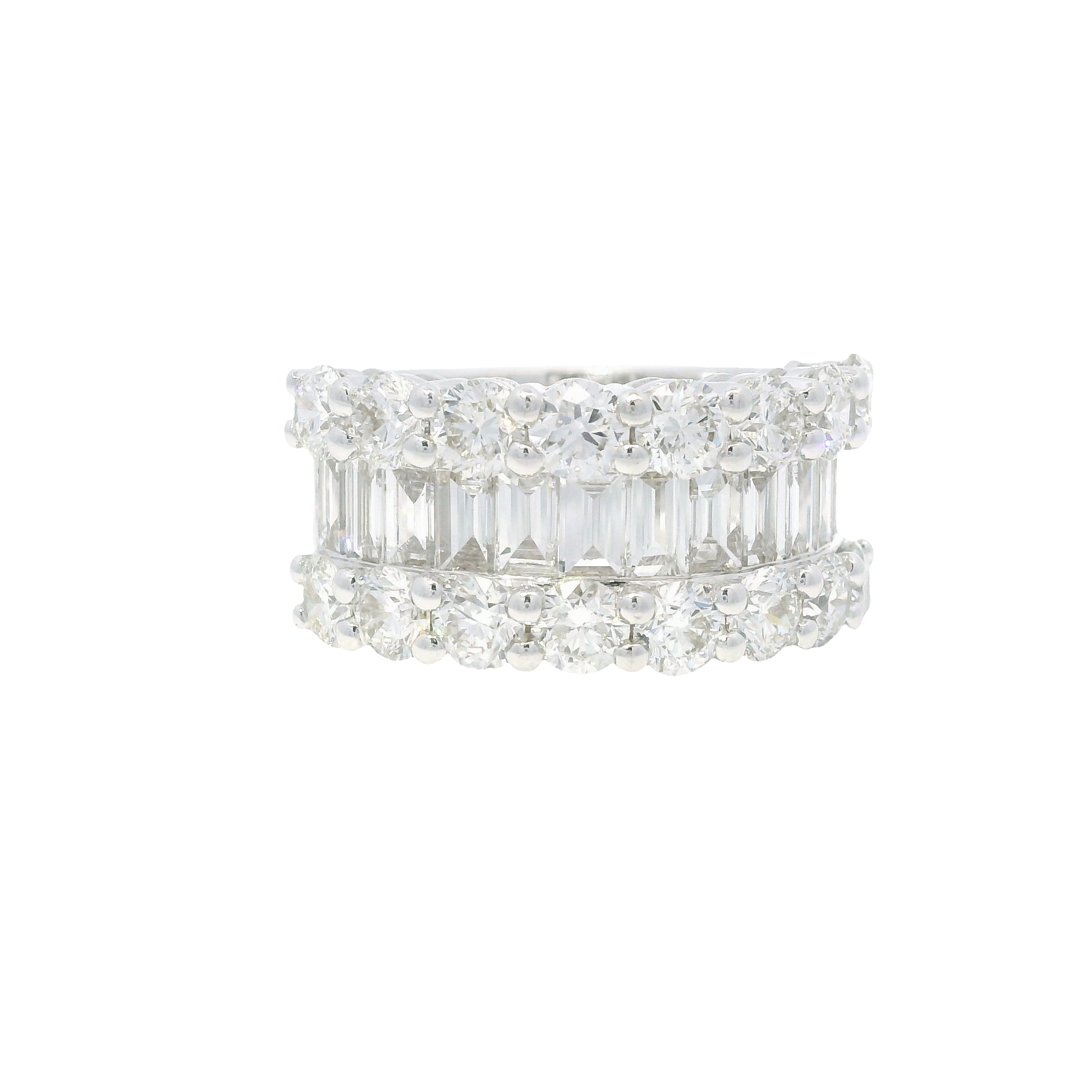 18K White Gold Natural Round Brilliant & Baguette Cut Diamonds 3 Row Half-Way Ring