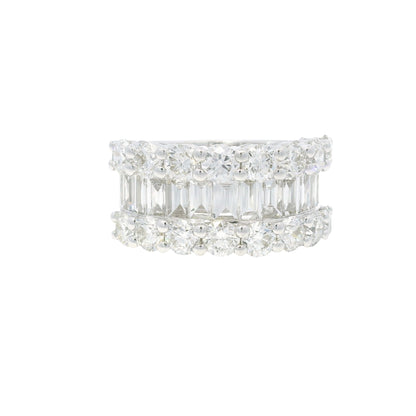 18K White Gold Natural Round Brilliant & Baguette Cut Diamonds 3 Row Half-Way Ring