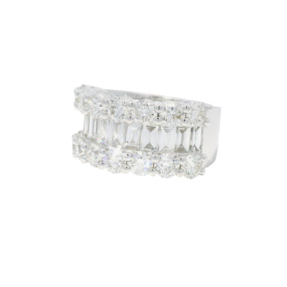 18K White Gold Natural Round Brilliant & Baguette Cut Diamonds 3 Row Half-Way Ring