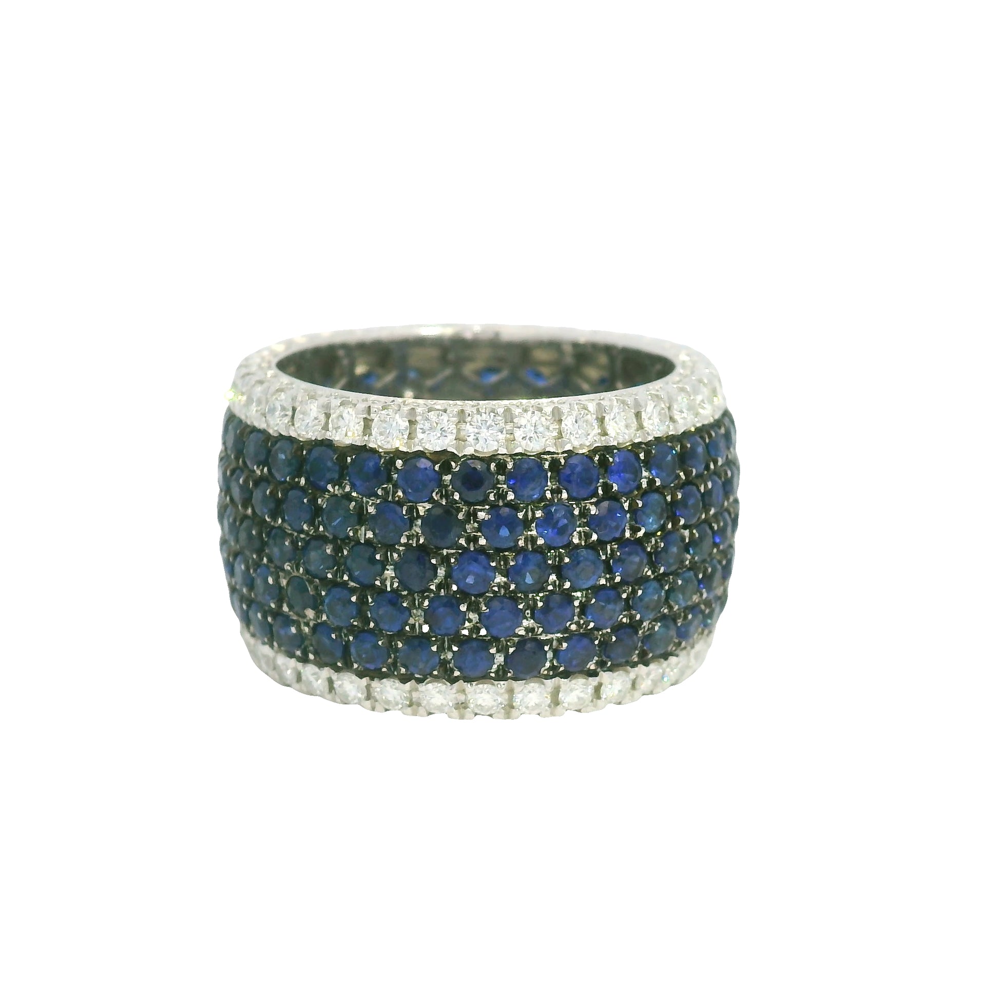 14K White Gold Natural Sapphire& Diamonds 7-Row Wide Eternity Band 
