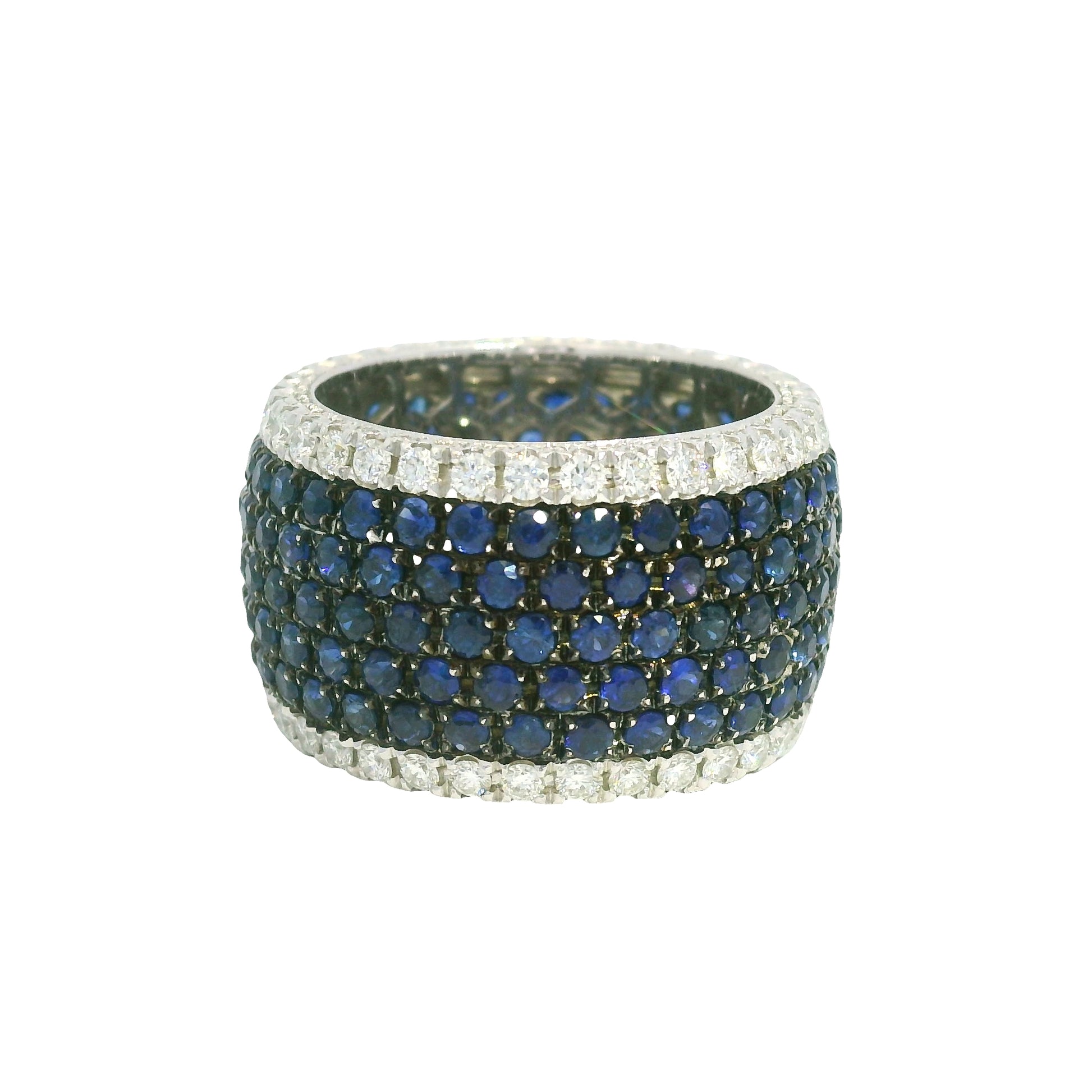 14K White Gold Natural Sapphire& Diamonds 7-Row Wide Eternity Band 
