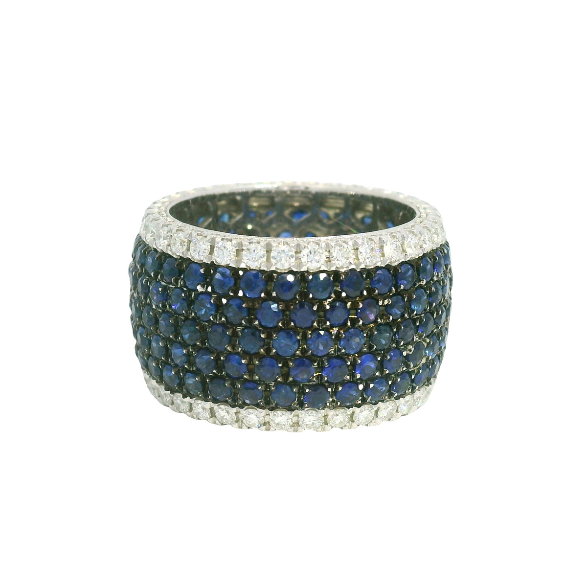 14K White Gold Natural Sapphire& Diamonds 7-Row Wide Eternity Band 
