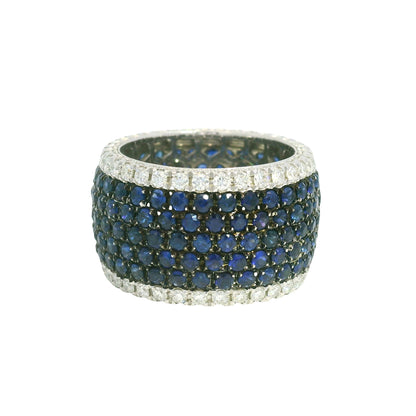 14K White Gold Natural Sapphire& Diamonds 7-Row Wide Eternity Band 
