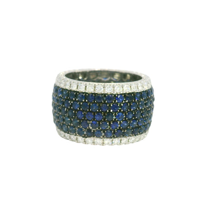 14K White Gold Natural Sapphire& Diamonds 7-Row Wide Eternity Band 
