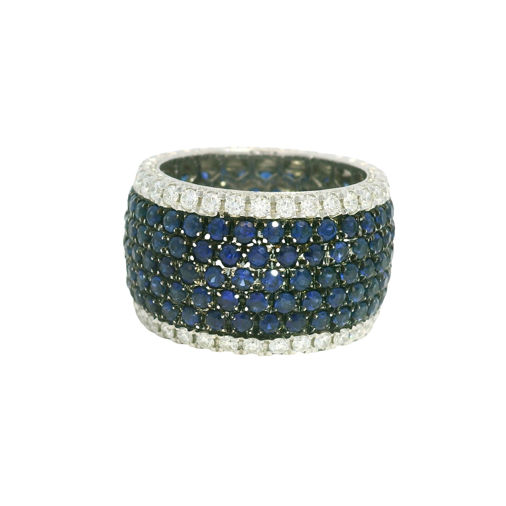 14K White Gold Natural Sapphire& Diamonds 7-Row Wide Eternity Band 
