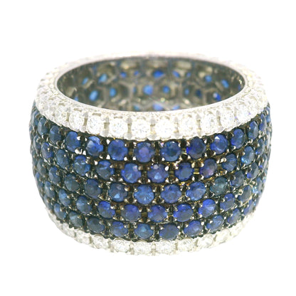 14K White Gold Natural Sapphire& Diamonds 7-Row Wide Eternity Band 
