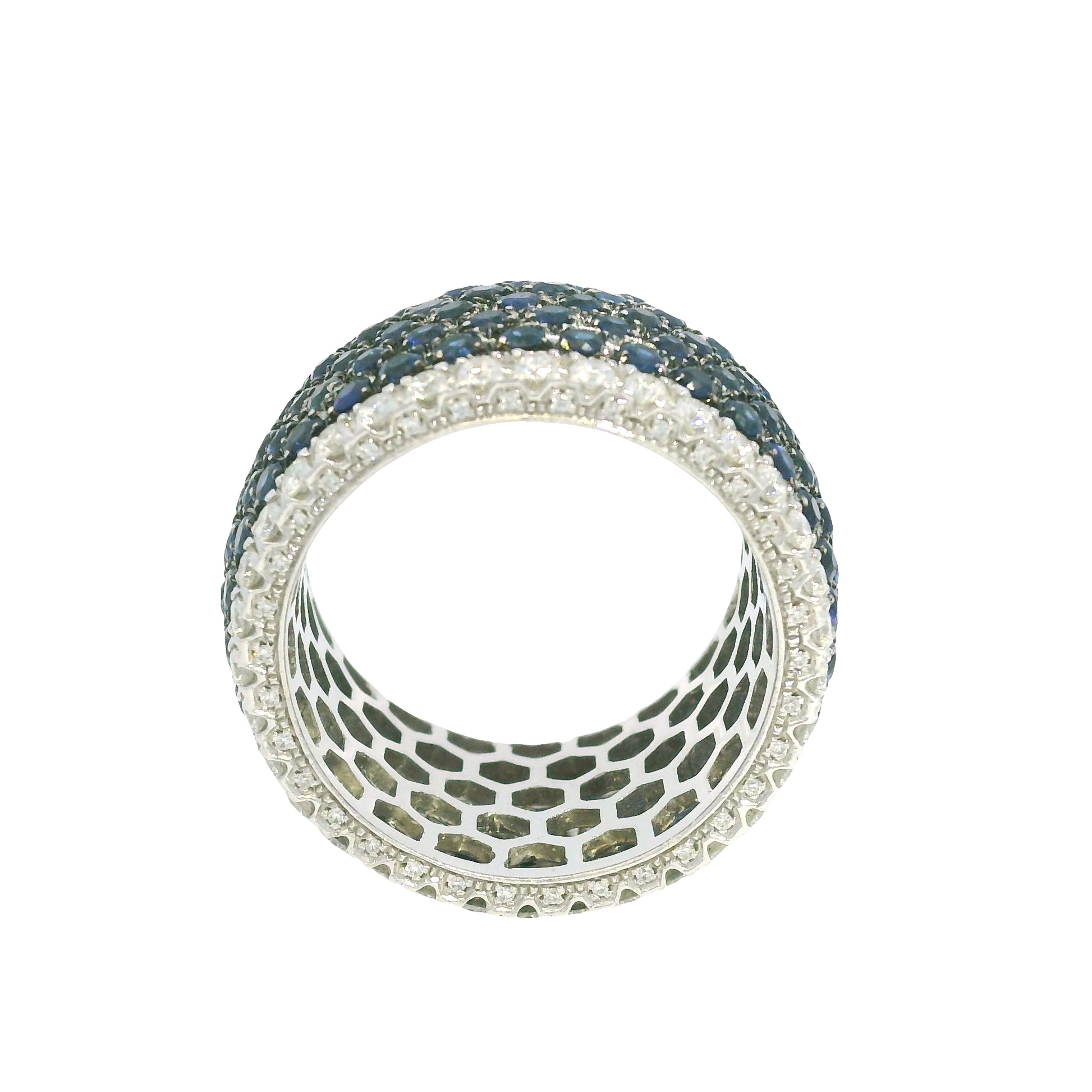14K White Gold Natural Sapphire& Diamonds 7-Row Wide Eternity Band 
