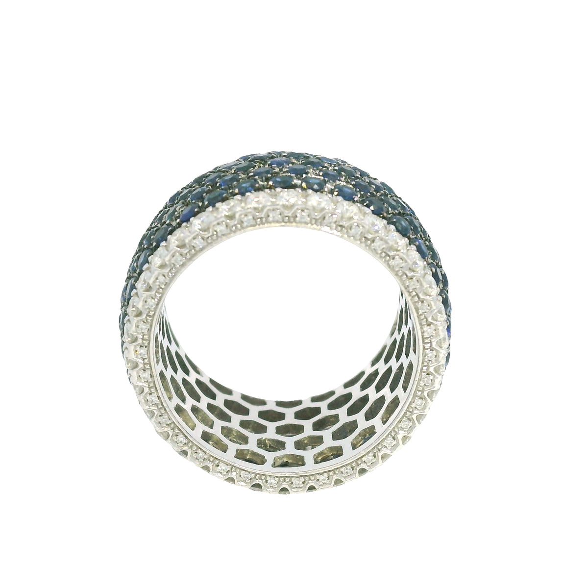 14K White Gold Natural Sapphire& Diamonds 7-Row Wide Eternity Band 
