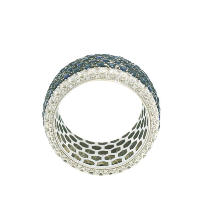 14K White Gold Natural Sapphire& Diamonds 7-Row Wide Eternity Band 
