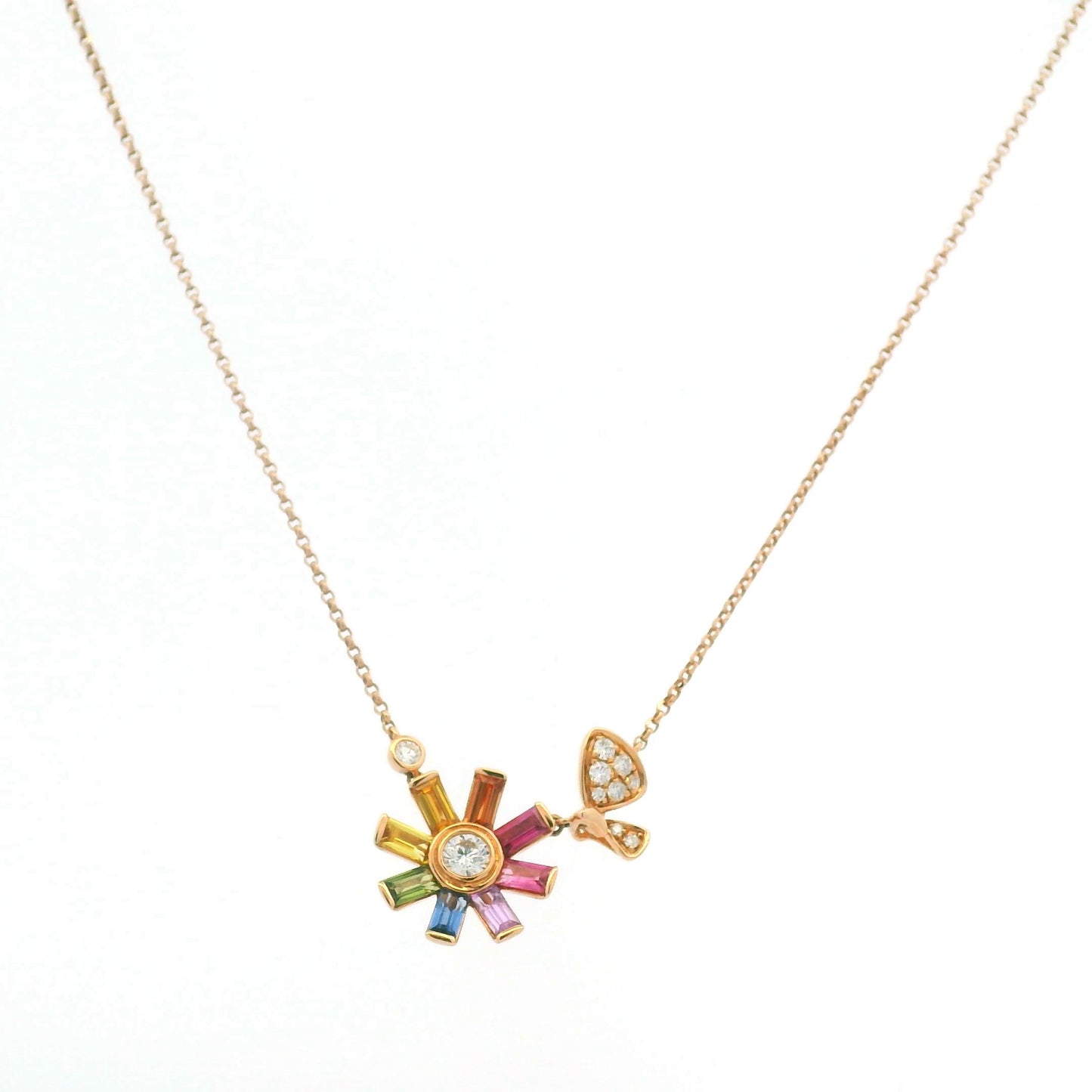 18K Rose Gold Natural Diamond & Baguette Shaped Multi Colored Sapphire Small Flower Charm Adjustable Necklace