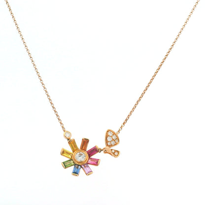 18K Rose Gold Natural Diamond & Baguette Shaped Multi Colored Sapphire Small Flower Charm Adjustable Necklace