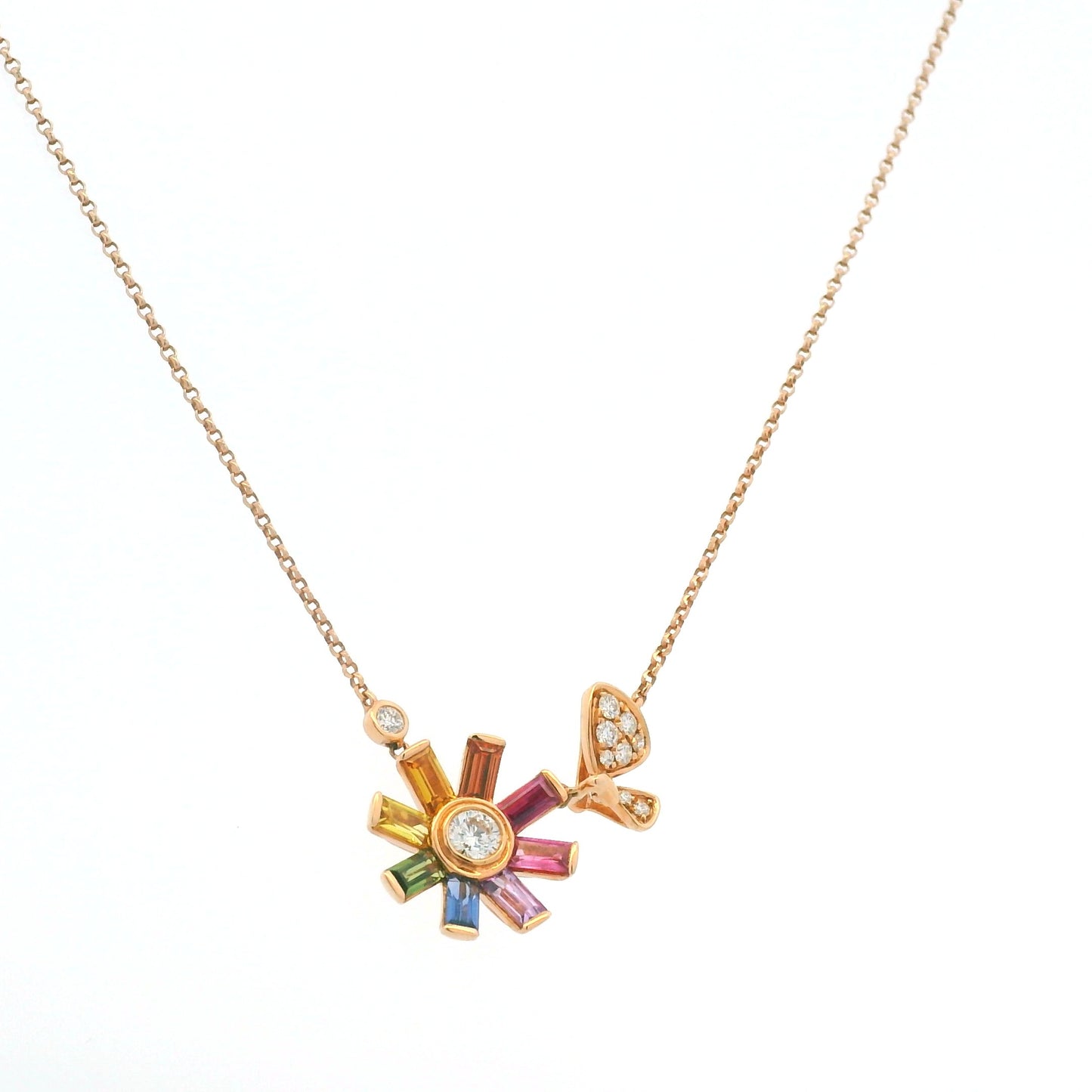 18K Rose Gold Natural Diamond & Baguette Shaped Multi Colored Sapphire Small Flower Charm Adjustable Necklace