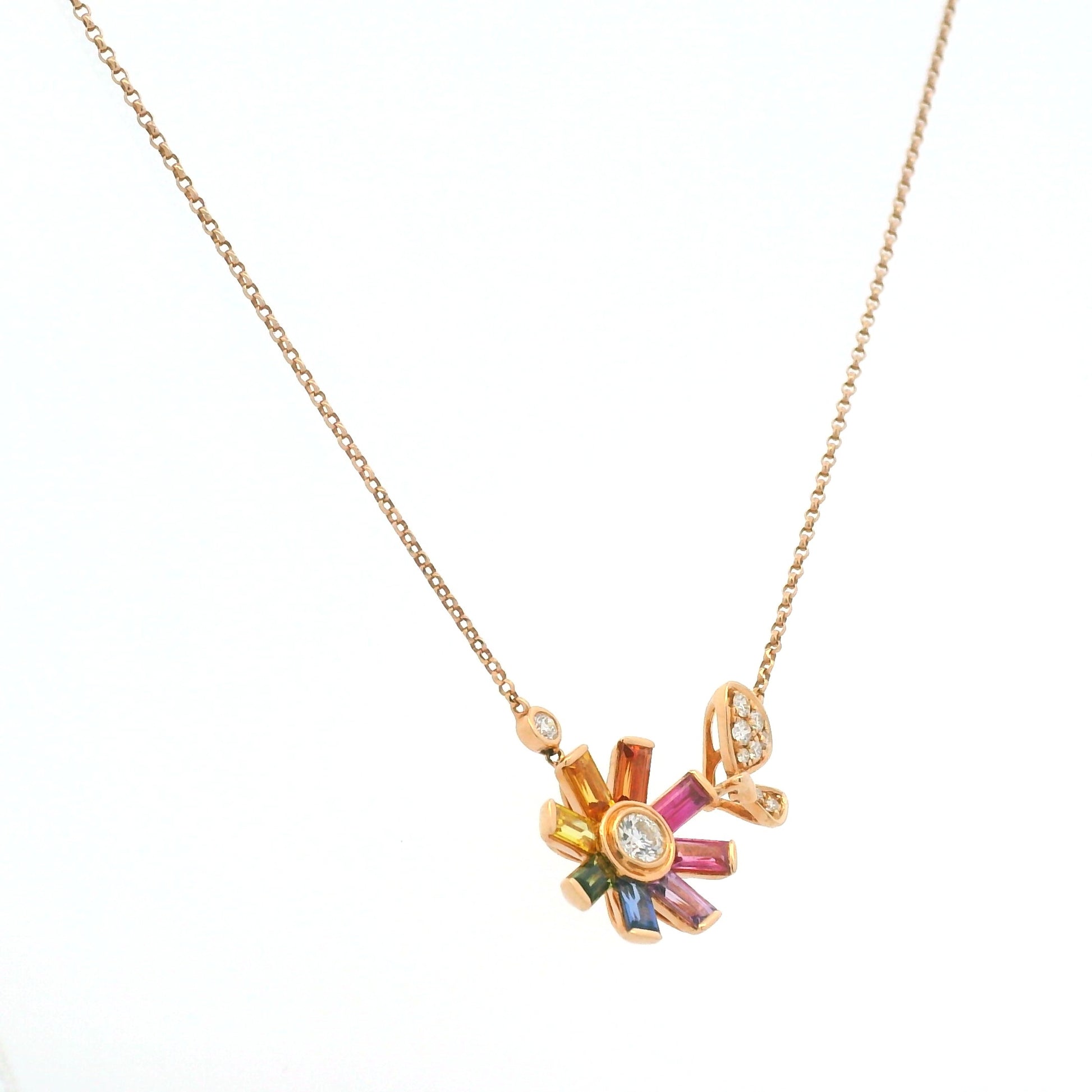18K Rose Gold Natural Diamond & Baguette Shaped Multi Colored Sapphire Small Flower Charm Adjustable Necklace