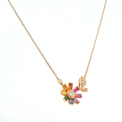 18K Rose Gold Natural Diamond & Baguette Shaped Multi Colored Sapphire Small Flower Charm Adjustable Necklace