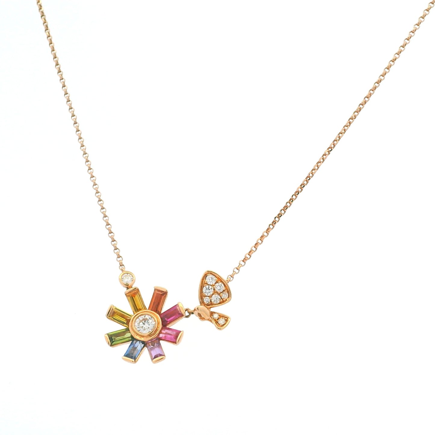 18K Rose Gold Natural Diamond & Baguette Shaped Multi Colored Sapphire Small Flower Charm Adjustable Necklace