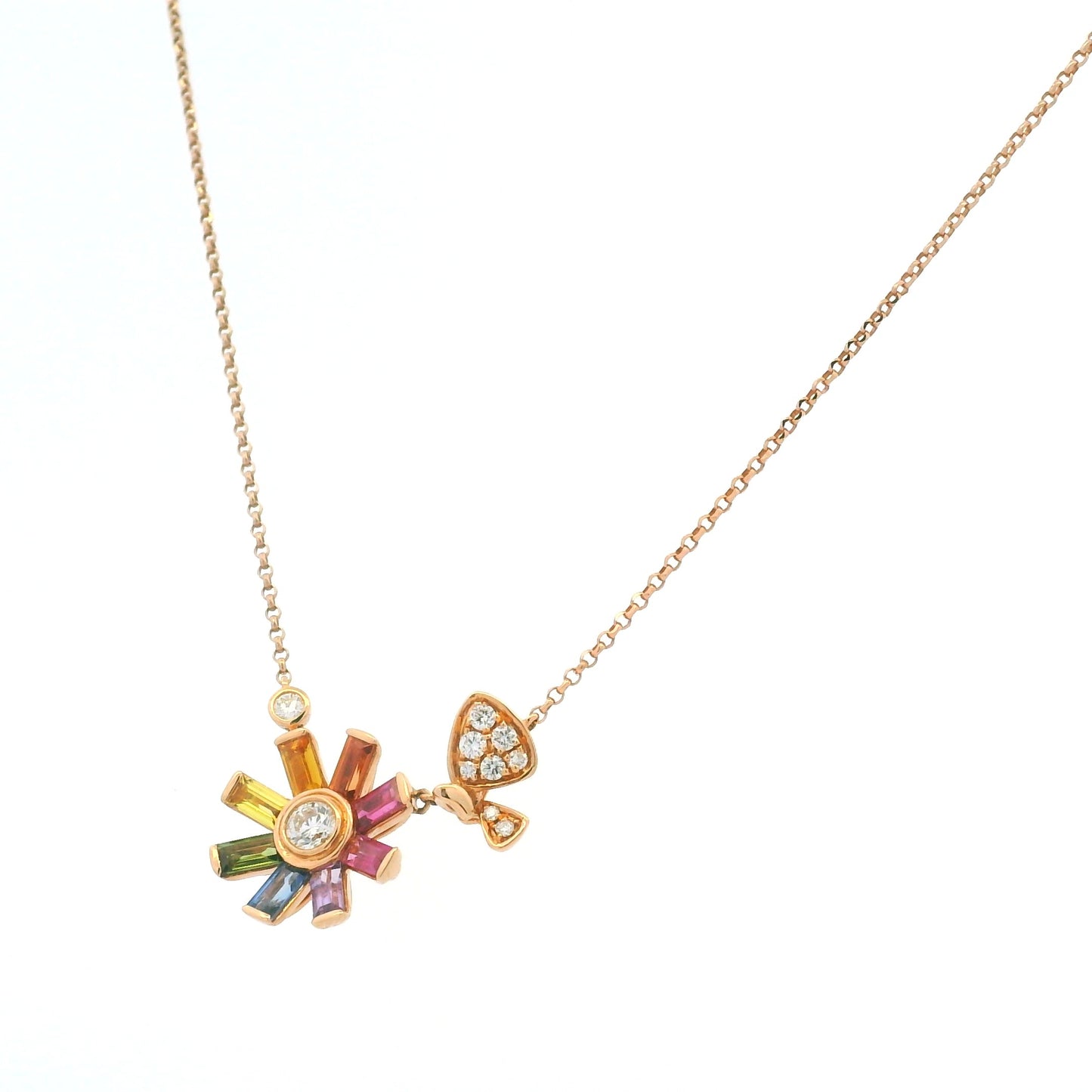 18K Rose Gold Natural Diamond & Baguette Shaped Multi Colored Sapphire Small Flower Charm Adjustable Necklace