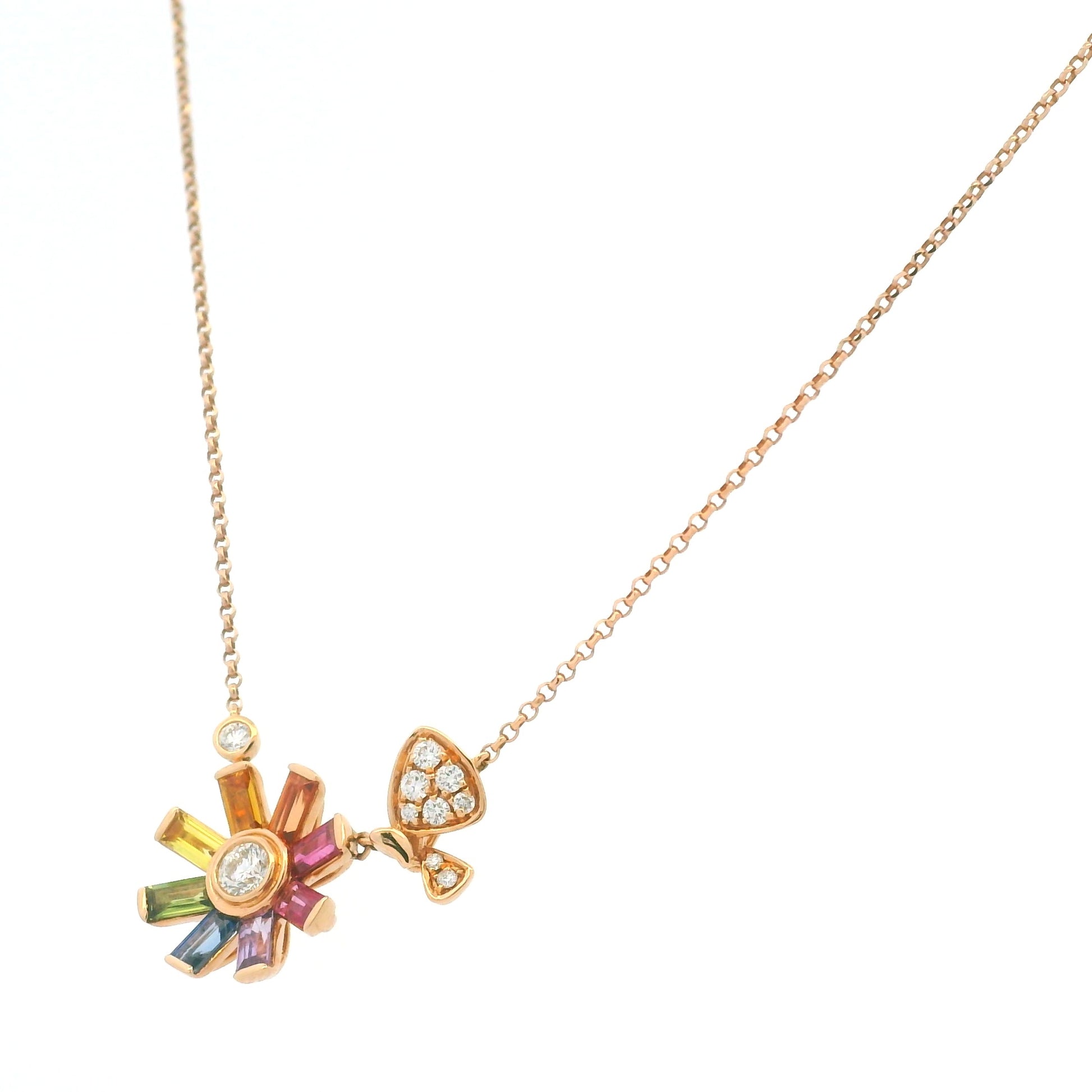 18K Rose Gold Natural Diamond & Baguette Shaped Multi Colored Sapphire Small Flower Charm Adjustable Necklace