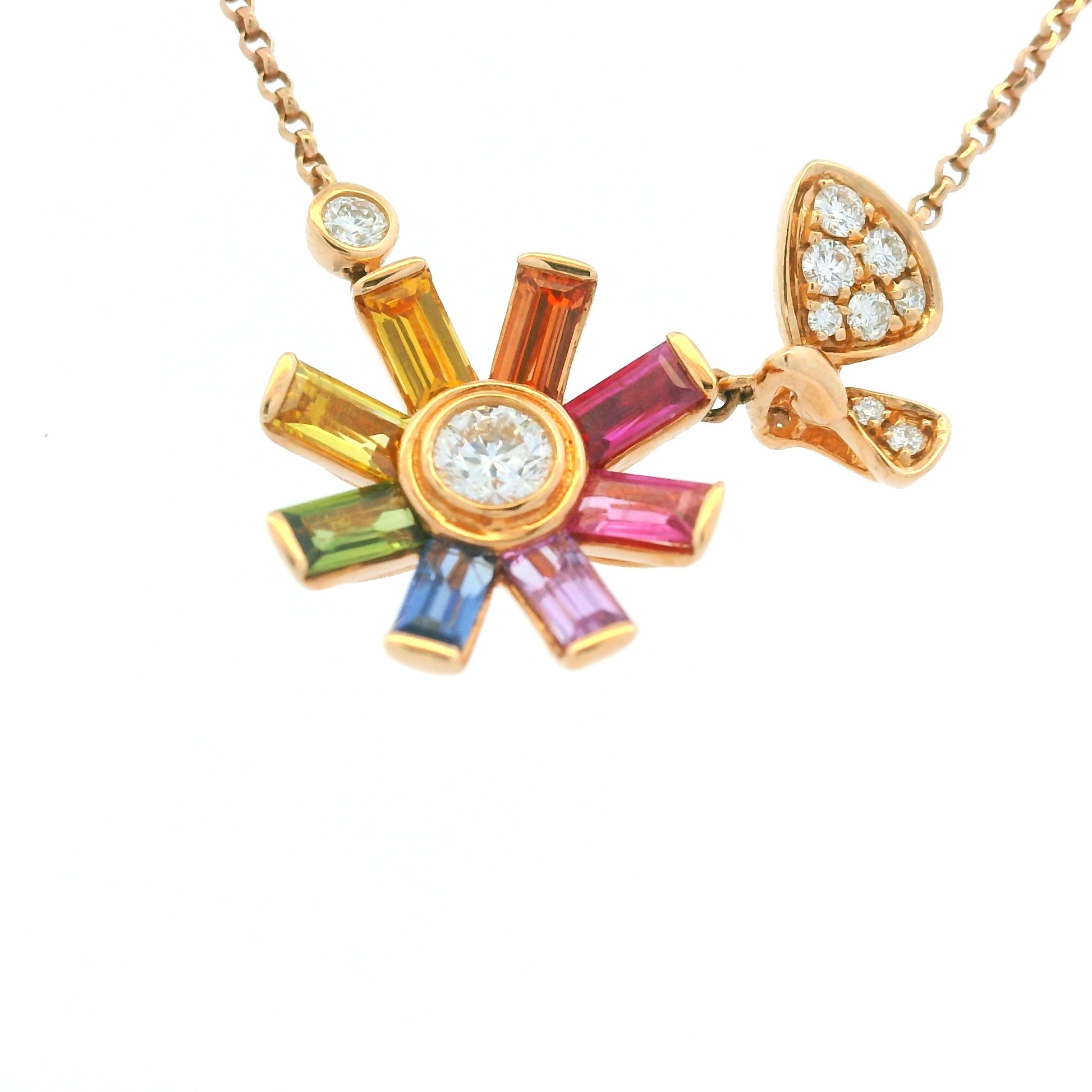 18K Rose Gold Natural Diamond & Baguette Shaped Multi Colored Sapphire Small Flower Charm Adjustable Necklace