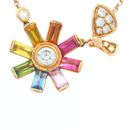 18K Rose Gold Natural Diamond & Baguette Shaped Multi Colored Sapphire Small Flower Charm Adjustable Necklace
