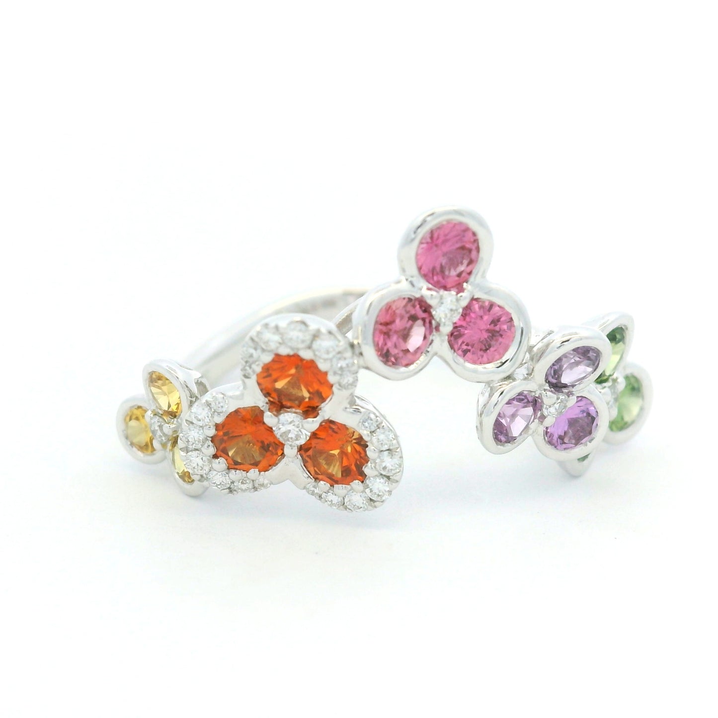 18K White Gold Natural Diamond & Multi-Color Round Shape Sapphire Ring