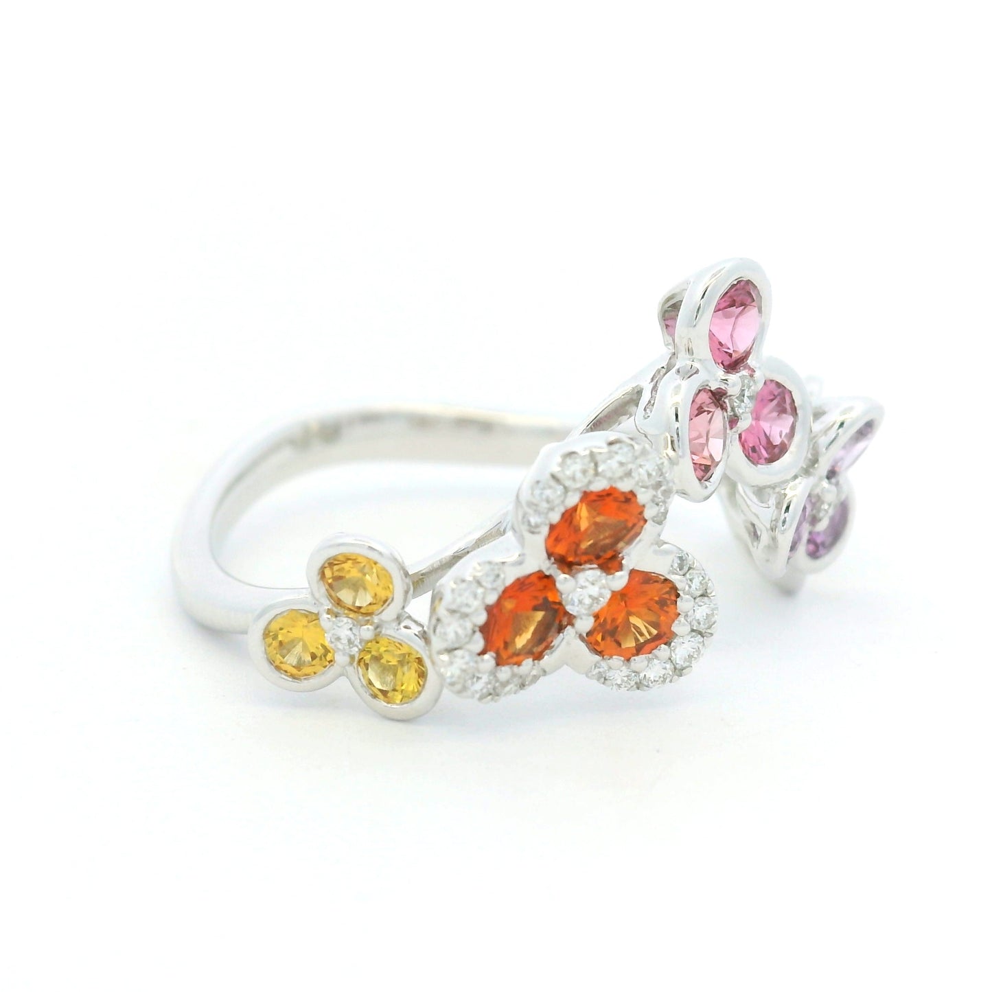 18K White Gold Natural Diamond & Multi-Color Round Shape Sapphire Ring