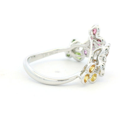 18K White Gold Natural Diamond & Multi-Color Round Shape Sapphire Ring