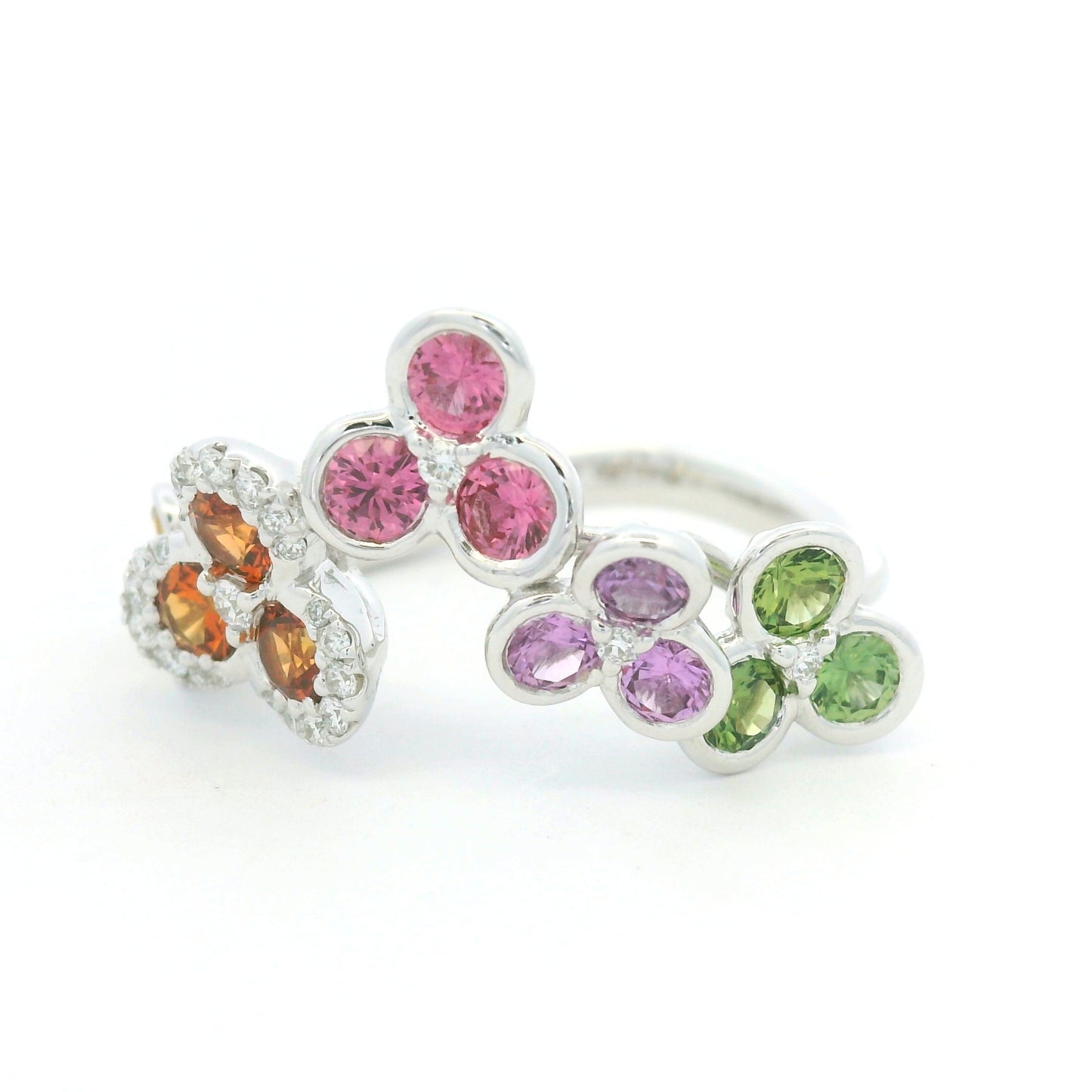 18K White Gold Natural Diamond & Multi-Color Round Shape Sapphire Ring