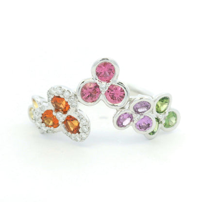 18K White Gold Natural Diamond & Multi-Color Round Shape Sapphire Ring