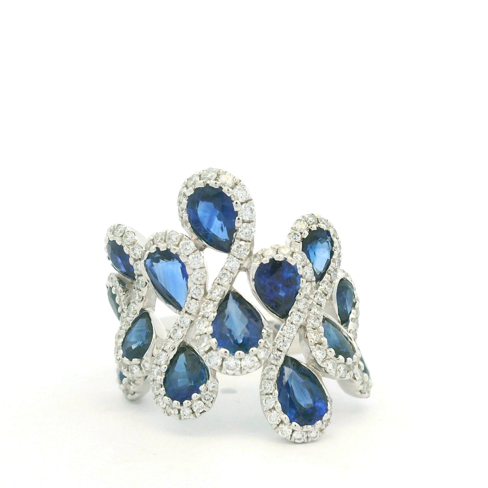 18K White Gold Natural Diamond & Pear Shape Sapphire Ring
