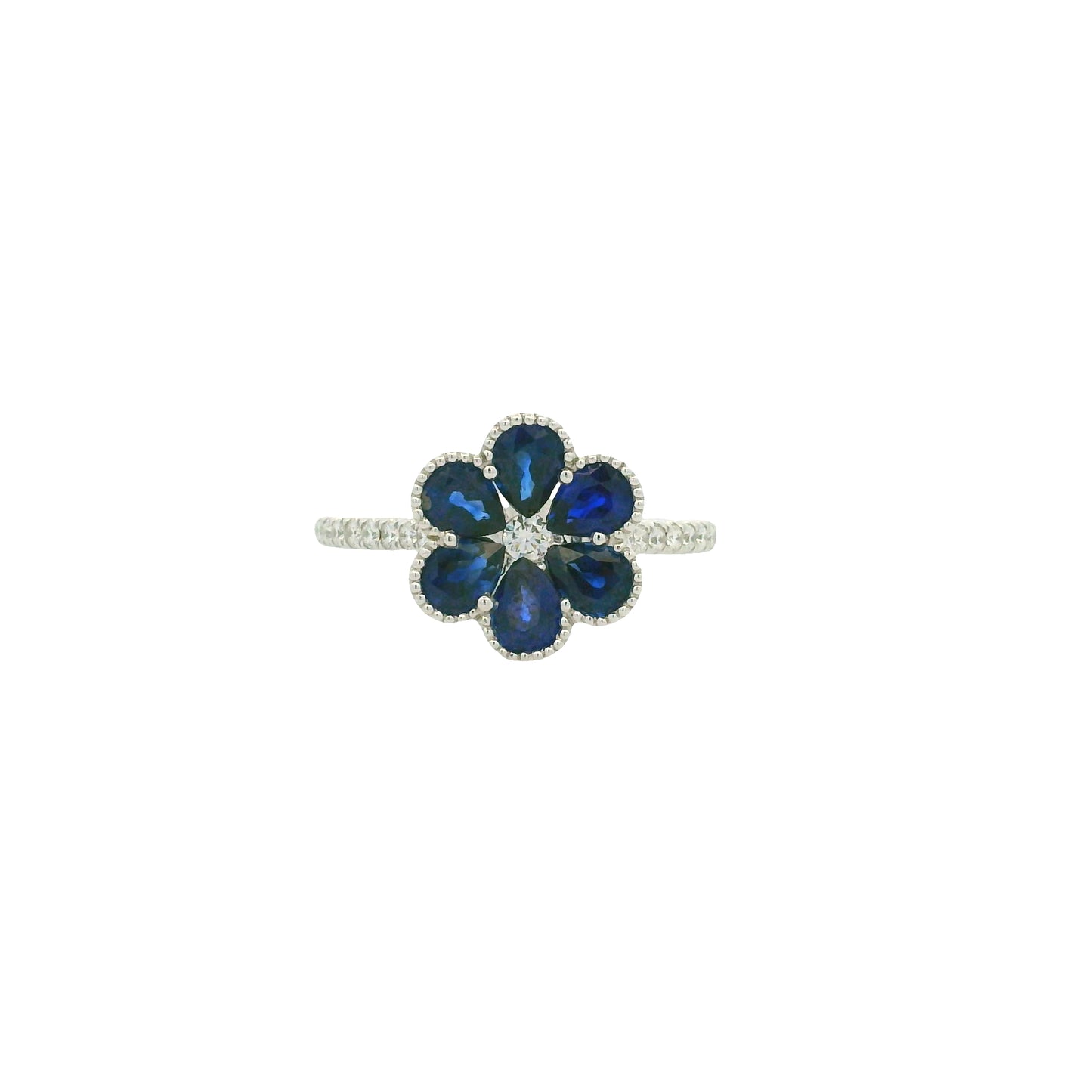 18K White Gold Natural Sapphires & Diamonds Cocktail Flower Ring