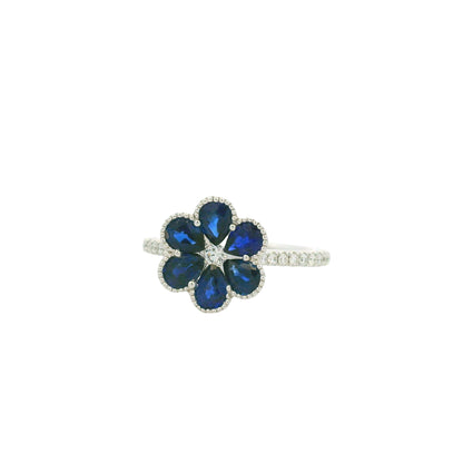 18K White Gold Natural Sapphires & Diamonds Cocktail Flower Ring