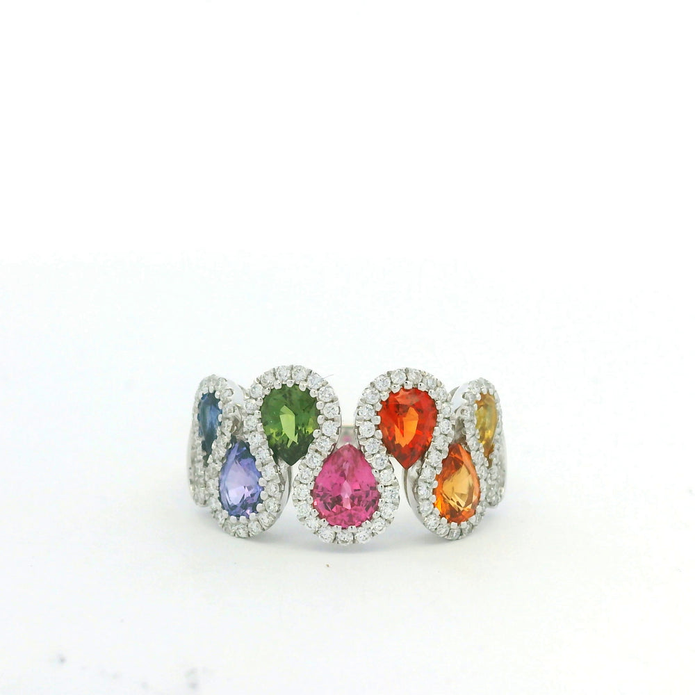 18K White Gold Natural 1.52 Carat Diamond & Multi-Color Pear Shape Sapphire Ring
