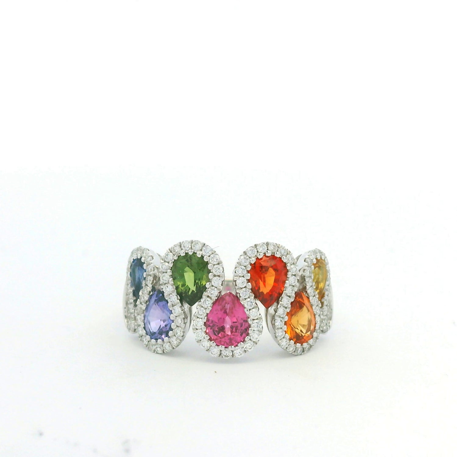 18K White Gold Natural 1.52 Carat Diamond & Multi-Color Pear Shape Sapphire Ring
