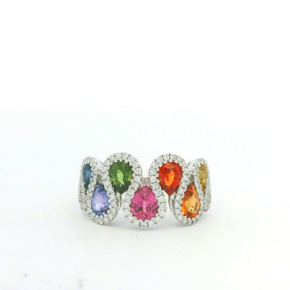 18K White Gold Natural 1.52 Carat Diamond & Multi-Color Pear Shape Sapphire Ring