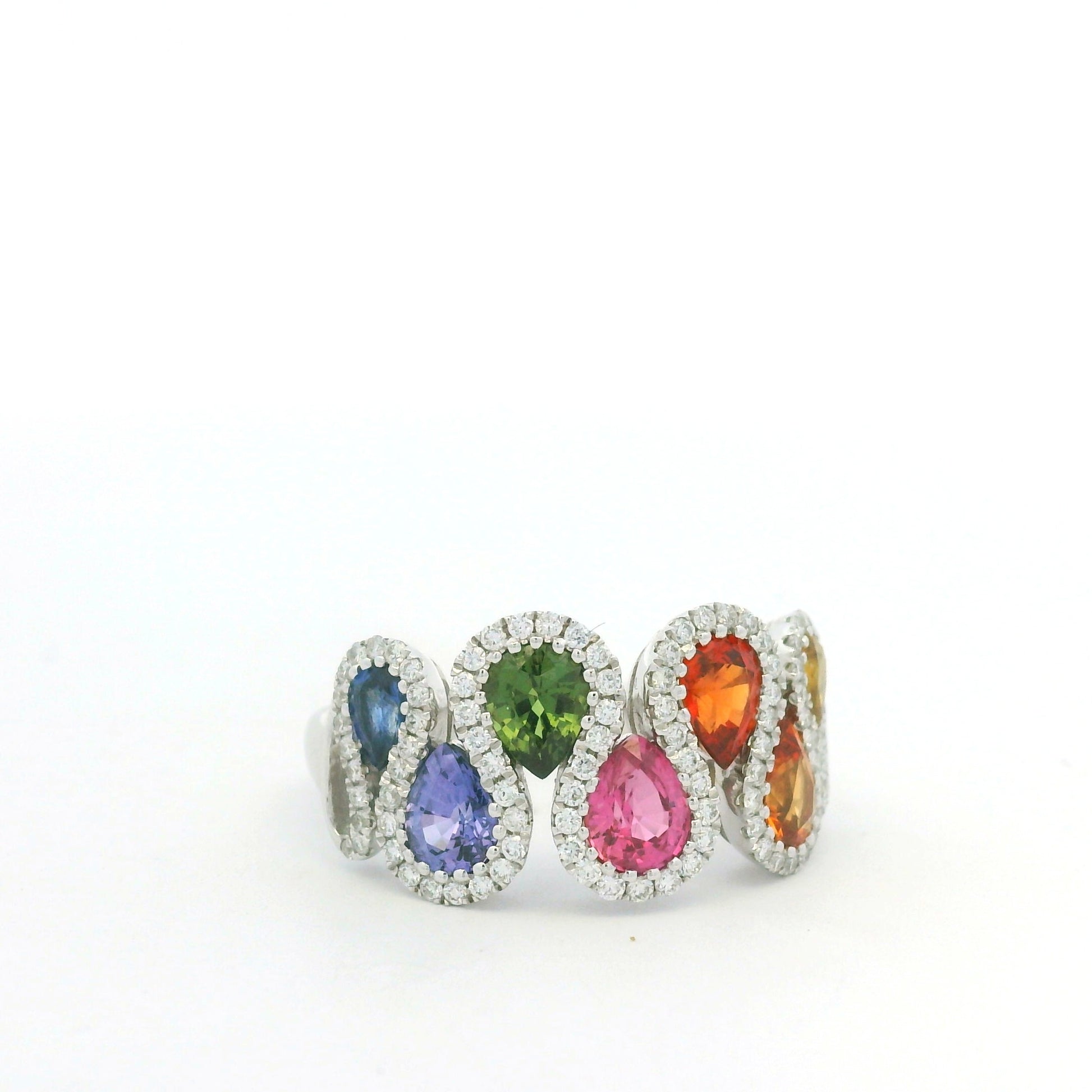 18K White Gold Natural 1.52 Carat Diamond & Multi-Color Pear Shape Sapphire Ring