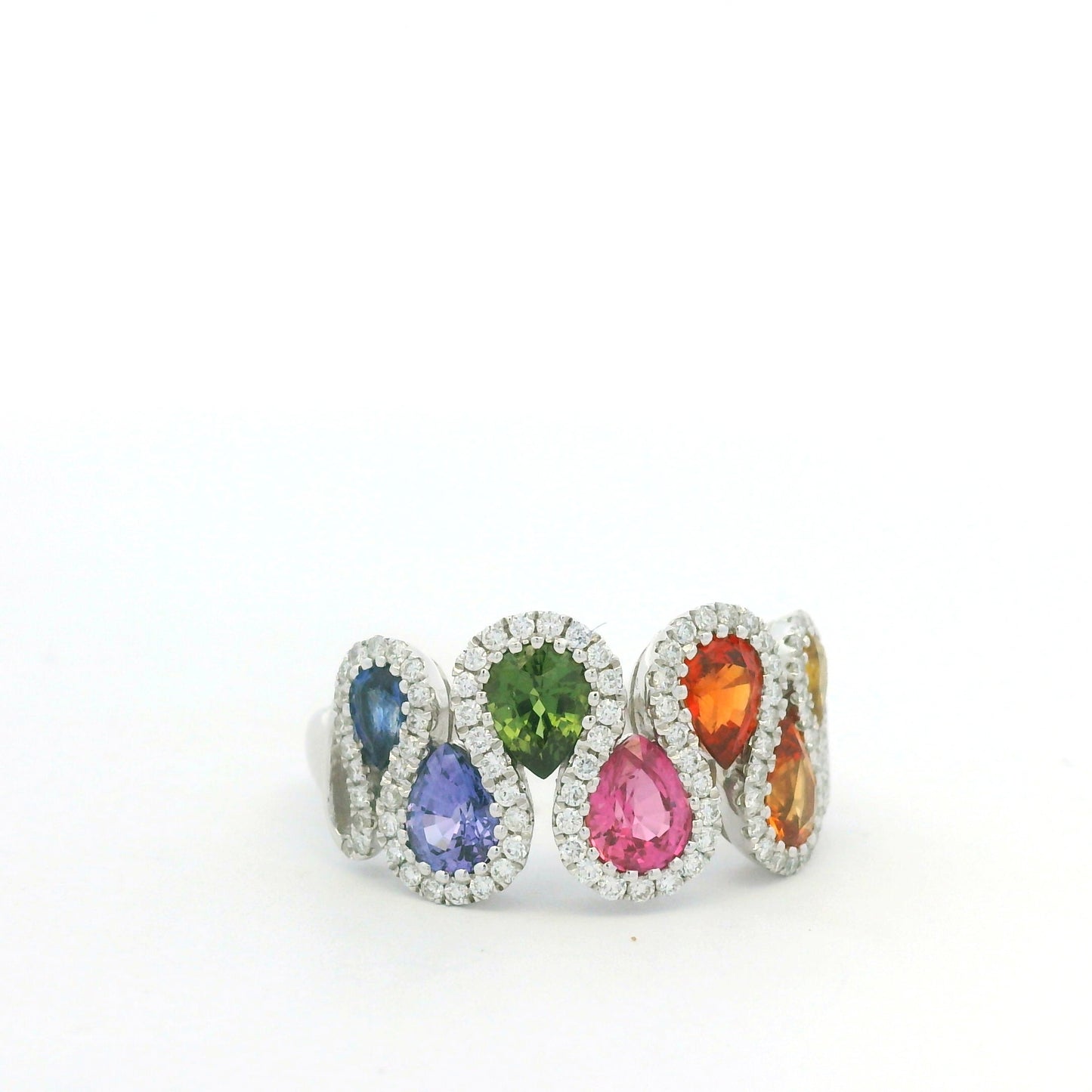 18K White Gold Natural 1.52 Carat Diamond & Multi-Color Pear Shape Sapphire Ring