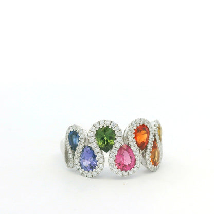 18K White Gold Natural 1.52 Carat Diamond & Multi-Color Pear Shape Sapphire Ring