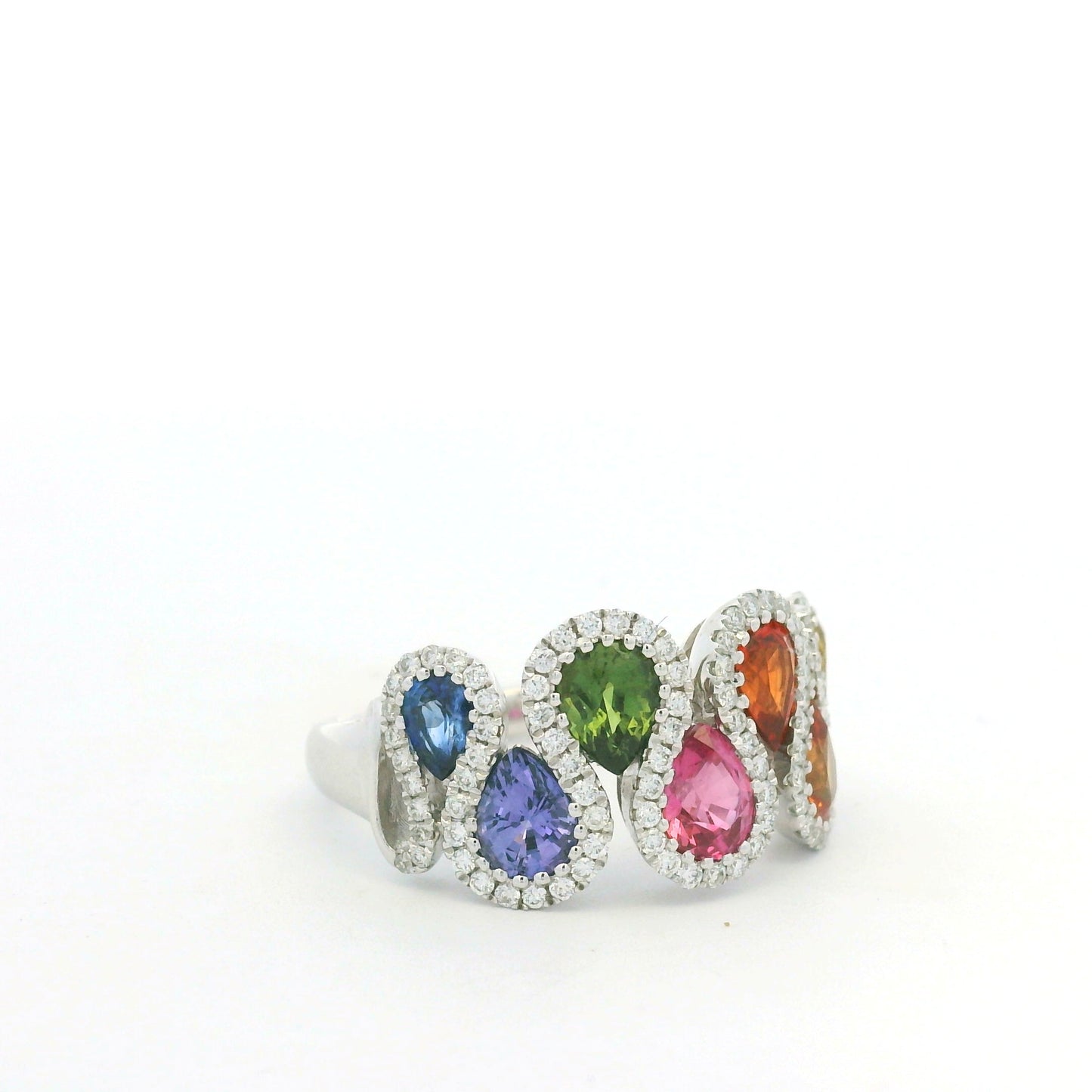 18K White Gold Natural 1.52 Carat Diamond & Multi-Color Pear Shape Sapphire Ring