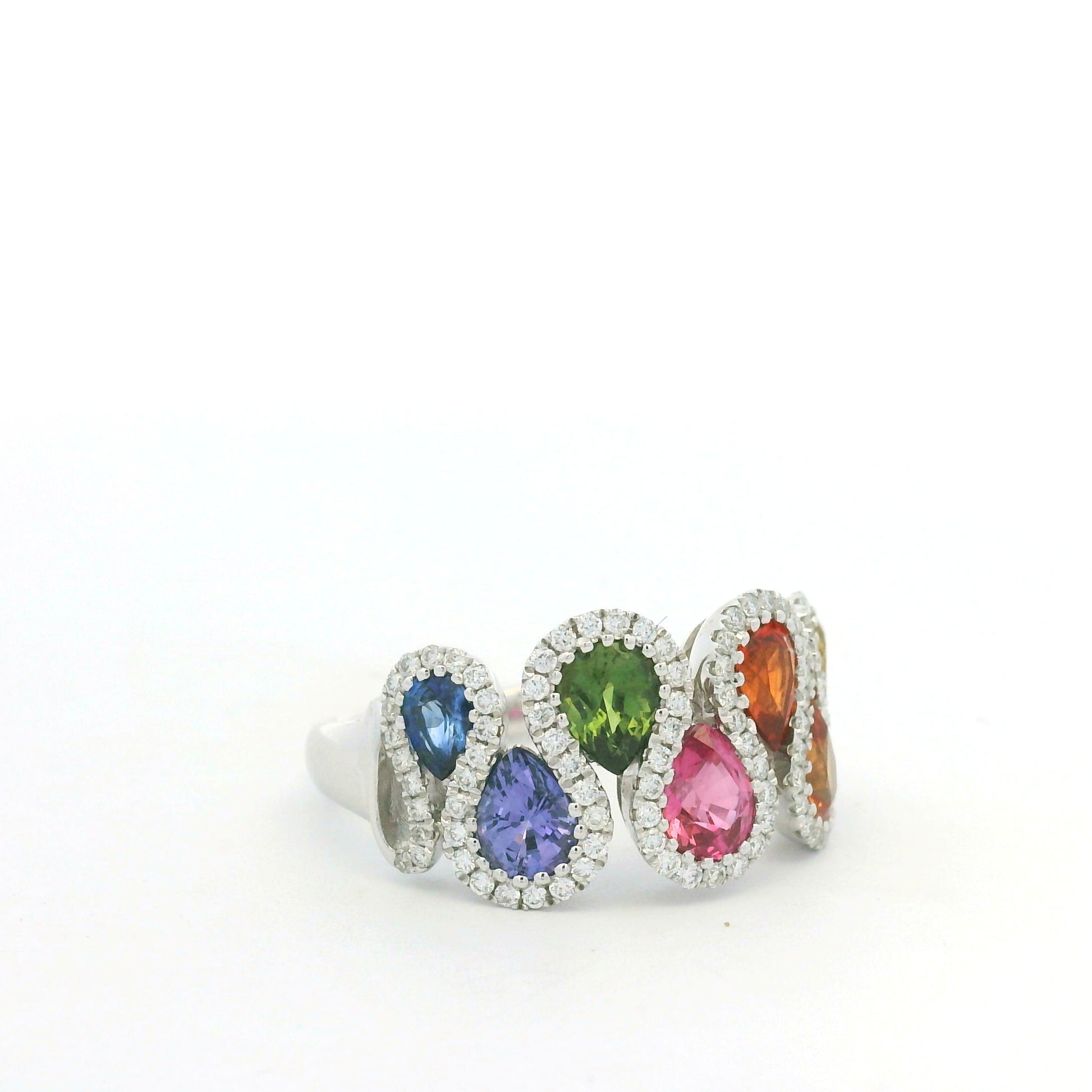 18K White Gold Natural 1.52 Carat Diamond & Multi-Color Pear Shape Sapphire Ring