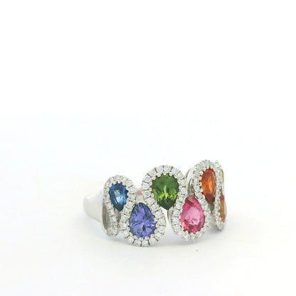 18K White Gold Natural 1.52 Carat Diamond & Multi-Color Pear Shape Sapphire Ring
