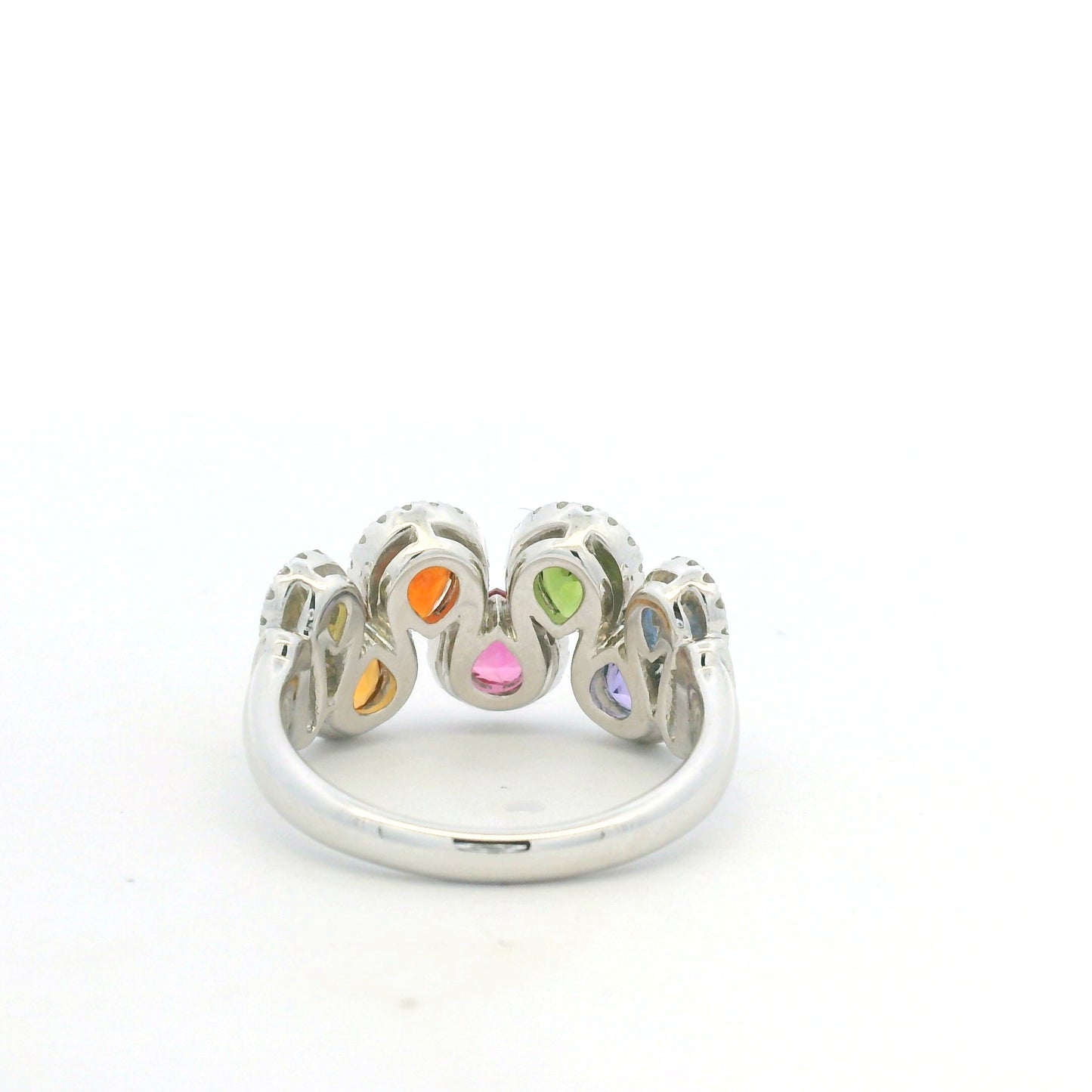 18K White Gold Natural 1.52 Carat Diamond & Multi-Color Pear Shape Sapphire Ring