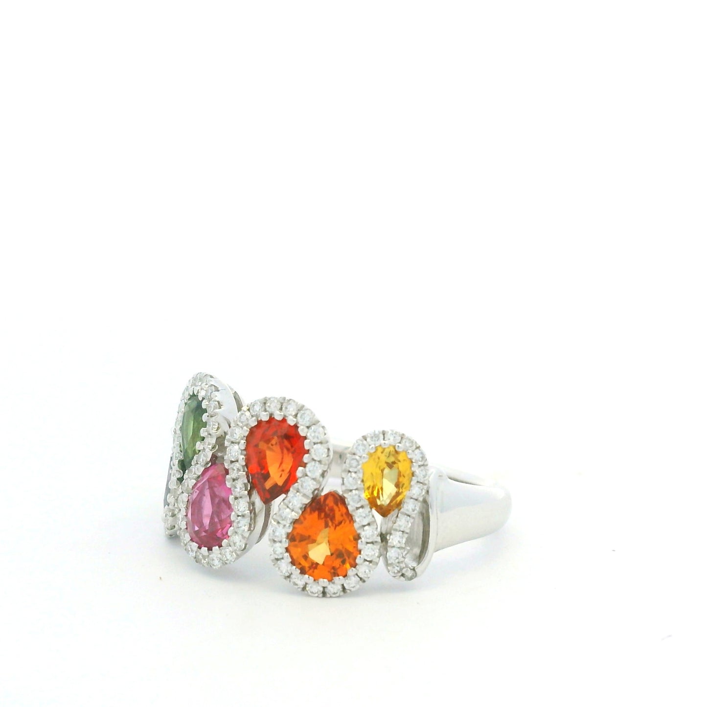 18K White Gold Natural 1.52 Carat Diamond & Multi-Color Pear Shape Sapphire Ring