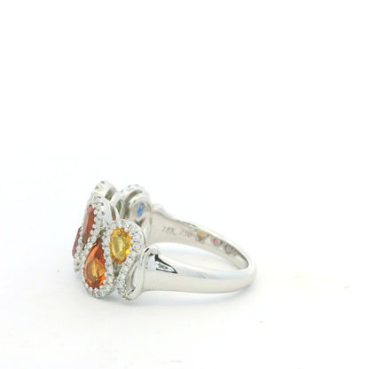 18K White Gold Natural 1.52 Carat Diamond & Multi-Color Pear Shape Sapphire Ring