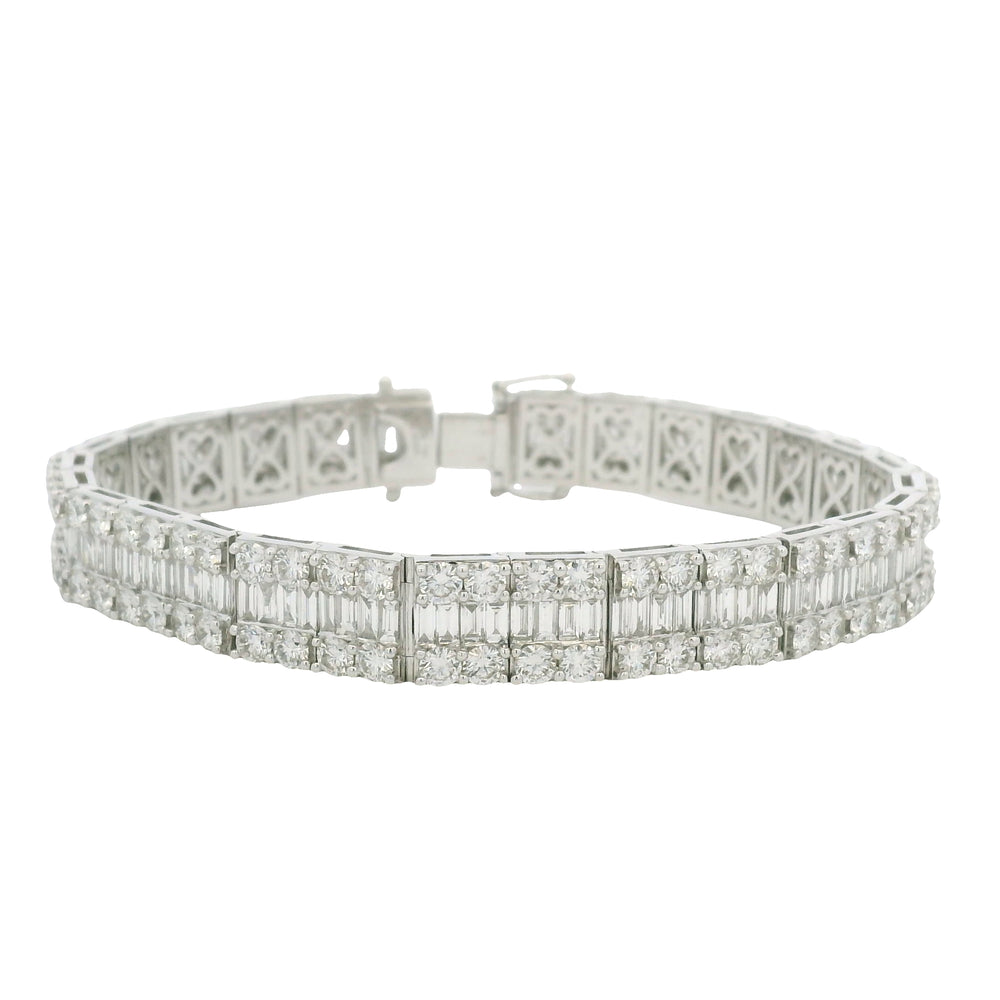 18K White Gold Natural Baguette & Round Diamonds 3-Row Bracelet
